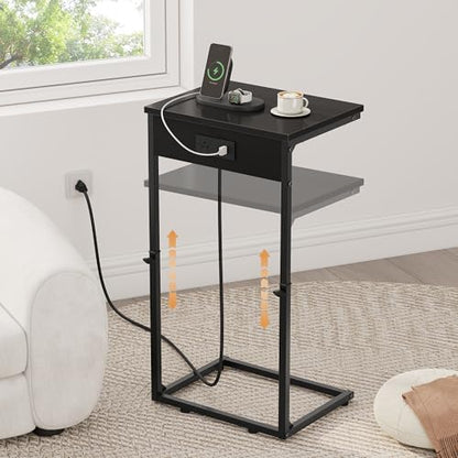 Vagusicc C Shaped End Tables Set of 2 with Charging Station, 33.2'' Tall C Table Adjustable Height Side Table, Small Side Table for Small Spaces, Couch Sofa Table TV Tray for Living Room, Black - color: Black (2 Pack), style: With Plug