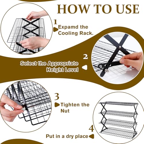 4 Tier Collapsible Cooling Rack, Adjustable Stackable Stainless Steel Baking Rack with Leak-Proof Mesh & X-Shaped Structure, Dishwasher Safe for Cookies, Bread, Pastries