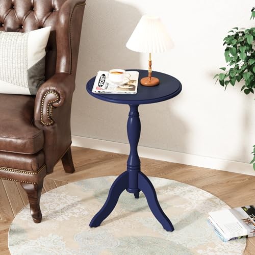 HLR Round Small End Table, Wooden Pedestal Side Tables for Small Spaces | Vintage Accent Nightstand, Coffee Drink Table with Turned Leg for Living Room, Bedroom, Entryway, Hallyway - color: Dark Blue
