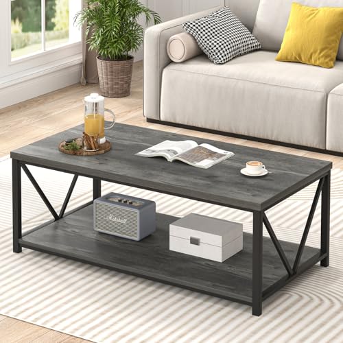 EXCEFUR Coffee Table, Rustic Wood and Metal Living Room Table, Industrial Rectangle Center Table with Storage Shelf, 47 Inch Grey - color: Grey, size: 47 inch