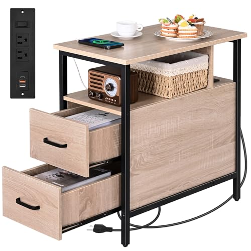 Livofloral Side Tables with Charging Station, Narrow End Table with 2 Wooden Drawers, USB Ports and Power Outlets, Narrow Nightstand and Bedside Table, Side Tables Living Room, Bedroom, Greige - color: Greige