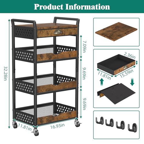 Giwil 4-Tier Rolling Storage Cart with Drawer, Small Coffee Bar with Wooden Top, Art Cart Organizer on Wheels, Metal Utility Cart for Crafts Paints Makeup Snacks Fruits, Black - size: 4 Tier/Drawer