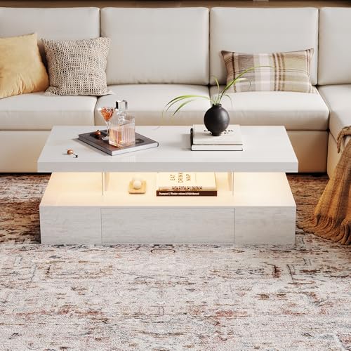 ChooChoo Modern LED Coffee Table, High Glossy Center Table with Drawer, Rectangle Coffee Table with Storage for Living Room, Bedroom, White
