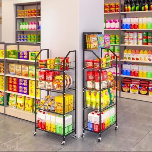 4 Tier Supermaket Storage Rack, Snack Rack Display Stand, Retail Display Organizer Stand with Hooks & Wheels, Metal Snack Shelf for Store Home Kitchen, Black Chip Rack Display Stand (4 Tier) - size: 4 Tier（19.7inch）