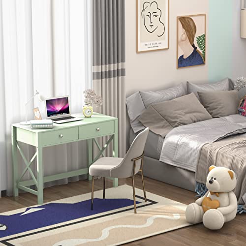 WiberWi Home Office Desk with Drawers, Modern Writing Computer Desk for Bedroom, Small Makeup Vanity Table Study Table for Home Office,Green - color: Green
