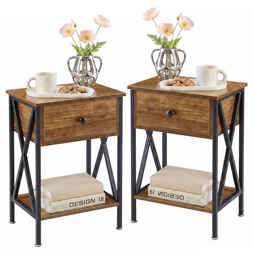 VECELO Nightstands Set of 2, Modern Bedside End Tables, Night Stands with Drawer and Storage Shelf for Living Room Bedroom, Industrial Metal Frame - color: Brown, size: Set of 2 - 15.8"W x 11.8"D x 21.7"H