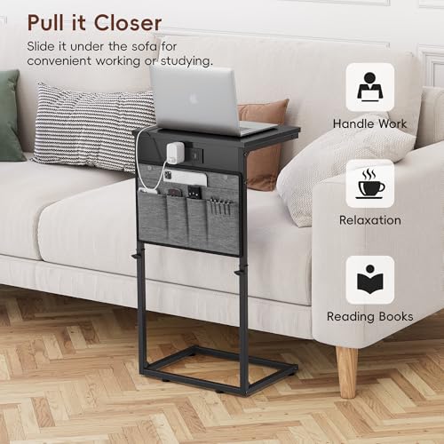 Vagusicc C Shaped End Table with Charging Station, Tall C Table End Table Adjustable Height Side Table for Couch, Small Couch Table Slide Under Sofa Table TV Tray Table for Living Room, Bedroom, Black - color: 1pc Black