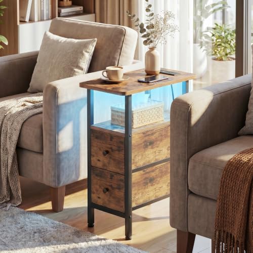 LOAKEKEL Narrow Nightstand with Charging Station, End Tables Living Room | Set of 2, Skinny Side Table with 2 Fabric Drawers, Small Sofa Table with LED Light for Bedroom, Rustic Brown - color: Rustic Brown, style: Power + Light