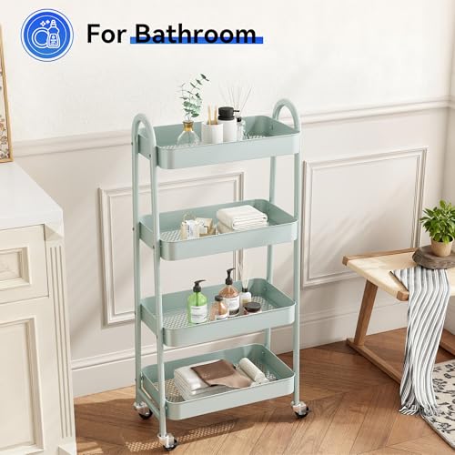 NEWBULIG 4-Tier Metal Rolling Cart with Lockable Wheels, Heavy Duty Mobile Utility Storage Shelf, Roller Book Snack Cart, Green - color: Green, size: 4 Shelves