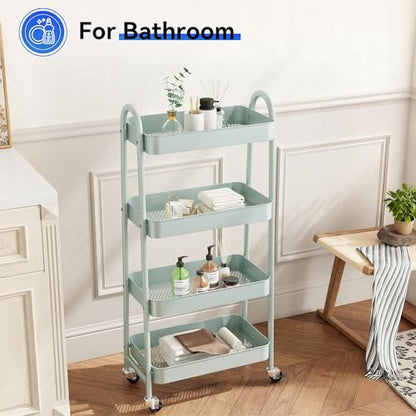 NEWBULIG 4-Tier Metal Rolling Cart with Lockable Wheels, Heavy Duty Mobile Utility Storage Shelf, Roller Book Snack Cart, Green - color: Green, size: 4 Shelves