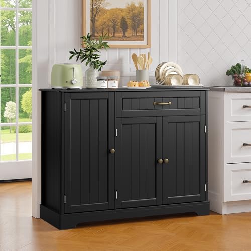 Ahomly Buffet Cabinet, Coffee Bar, Sideboard Cabinet with Internal Storage Shelf for Dining Room, Kitchen, Living Room, Kitchen and Laundry Room, Black - color: Black
