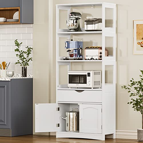 DICTAC Kitchen Pantry Storage Cabinets Freestanding Tall Bathroom Cabinet with Shelves and Drawer 64''H Sideboard Microwave Space Cupboard Organizer for Home Office,White, 23.62x13x64.06inch | Freestanding - size: 23.62x13x64.06inch
