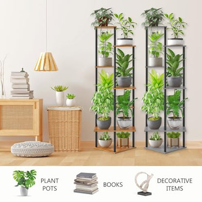 Tall Plant Stand Indoor, 7-Tier Modern Plant Shelf for Multiple Plants, Wood Metal Flower Holder for Living Room Balcony Bedroom, Oak Grey