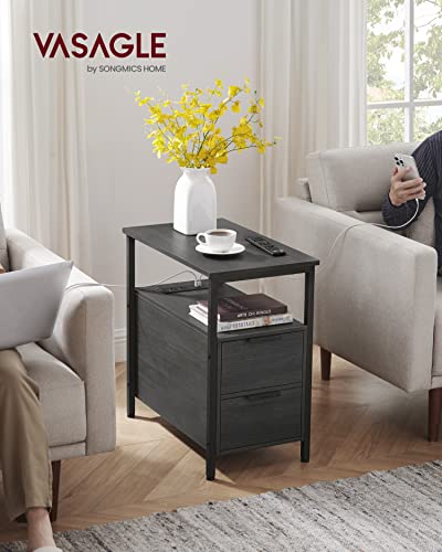 VASAGLE Side End Table with Charging Station, Slim Nightstand with 2 Drawers, Narrow Bedside Table for Living Room, Small Spaces, Charcoal Gray and Ink Black ULET321B22 - color: Charcoal Gray + Ink Black, size: 23.6"D x 13.8"W