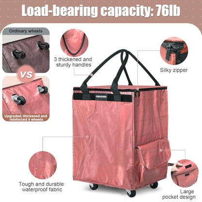 Reusable Grocery Bag Tote Bag with Wheels, Foldable Rolling Tote Bag with 3 Handles and Zipper - color: Pink, size: Medium