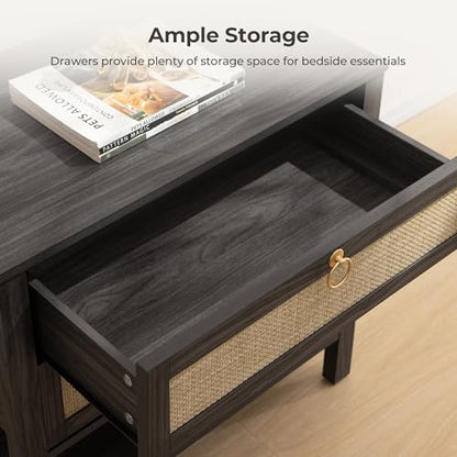 SICOTAS 26.7" Wide Rattan Nightstand with 2 Drawers & Open Shelf End Table | Large Night Stand with Storage Shelf, Coastal Boho Bedside Table for King Bed, Bedroom, Guest Room, Apartment, and End Table - color: Obsidian