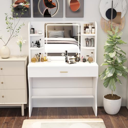 Vanity Desk, Makeup Vanity with Mirror and Lights, White Makeup Vanity Table with Big Drawer, Power Outlet, Stronger Links, for Bedroom, Dressing Room - color: White.