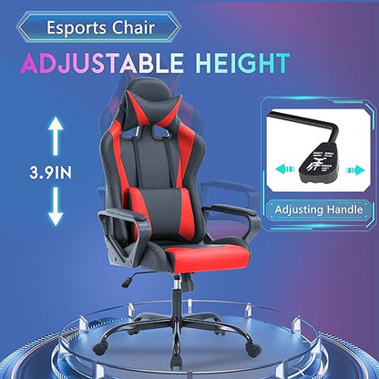 PayLessHere Ergonomic Racing Desk Chair Gaming Chair Computer Chair with Armrests 360° Swivel & Caster Pu Desk Task Chair Executive Headrest Lumbar Support for Back Pain Women Men and Adults (Red) - color: Red