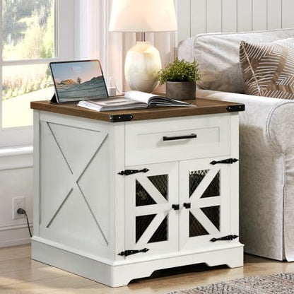 RALGEND White Farmhouse End Table with Charging Station, 24" Large Sofa Side Table with Drawer, Large End Table for Living Room, Wooden Nightstand with Outlet, Square, White and Walnut - color: White and Walnut
