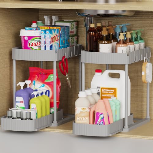 Ukeetap 2 Pack Multi-Purpose Pull-Out Storage Organizers, Under Sink Organizers and Storage for Bathroom & Kitchen, Under Cabinet Organizers and storage, 12.8 Inch, Grey - color: Gray, size: 12.8 Inch