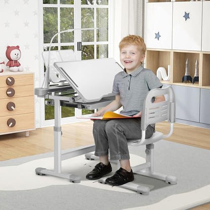 Rengue Kids Desk and Chair Set, Height Adjustable Children School Functional Study Desk with 55° Tiltable Desktop, 3 Modes & Brightness LED Light, Storage Drawer & Metal Hook for Boys Girls (Grey) - color: Grey