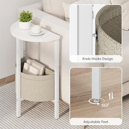 Vagusicc Side Table, Small Round End Table, Tall Accent Table with Storage Basket, Set of 2 Half Round Coffee Tables Half Moon Tables, Bedside Table, Modern Nightstand for Living Room Bedroom, White - color: White