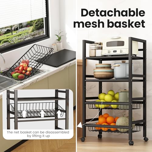 4-Tier Rolling Metal Storage Cart Mobile Organizer with Removable Grid Basket and Locking Wheels, Suitable for Multiple Uses, Black (Large) - size: 23.6 in