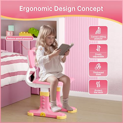 Kids Desk and Chair Set, Height Adjustable Child's School Study Writing Tables, Kids Desk with Bookstand and Storage Drawer, Widened Desktop with Desktop for Boys and Girls - color: Pink-a