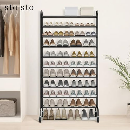 STO STO Expandable Shoe Rack, 10-Tier Metal Tall Shoe Rack for Garage, Up to 44 Pairs Adjustable Shoe Rack Storage for Front Door Entrance, Free Standing Shoe Rack Organizer for Entryway, Black - size: 10-Tier