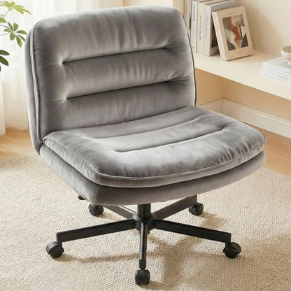 COMHOMA Criss Cross Office Chair with Wheels Armless Desk Chair Comfy, Modern Vanity Chair for Home Bedroom, Comfortable Wide Seat for Lower Back Pain Relief, Soft Velvet, Gray - color: Moon-gray Velvet