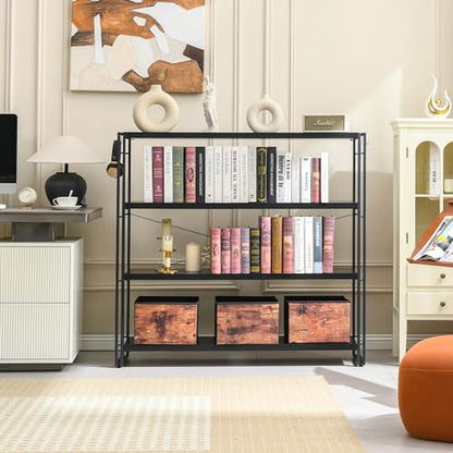 HCHQHS Bookshelf, 4-Tier Industrial Bookcase, Black Open Book Shelf, Freestanding Tall Bookshelves with Metal Frame - color: Black, size: 4-Tier (47"W x 44.5"H)