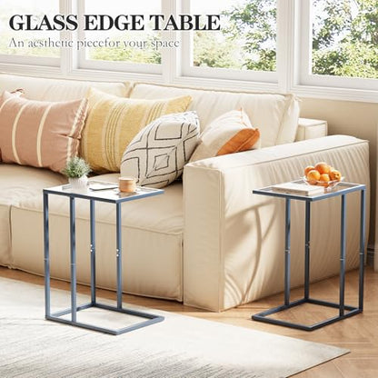 Easy Paws C Table End Table Set of 2, Glass Couch Side Table, Tempered Glass Snack Table with Metal Frame, TV Tray Table for Small Space, Sofa Couch Side Tableand Bed Side Table(Blue) - color: Blue