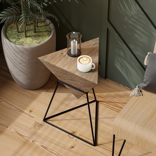 COZAYH Modern Geometric End Table with Wooden Top and Metal Base, Unique Pyramid Side Table Plant Stand for Office, Living Room, Bedroom, Fully Assembled, Triangle, Brown, Nature - color: Brown