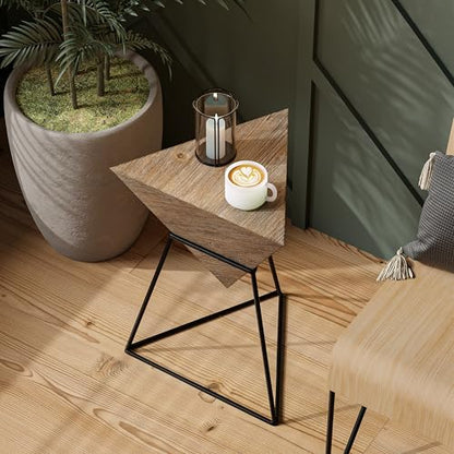 COZAYH Modern Geometric End Table with Wooden Top and Metal Base, Unique Pyramid Side Table Plant Stand for Office, Living Room, Bedroom, Fully Assembled, Triangle, Brown, Nature - color: Brown