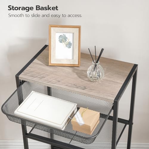 HOOBRO 28.7 Inch Tall Side Table, 3-Tier Industrial Telephone End Table with Adjustable Metal Mesh Basket, Desk Side Table with Storage Shelves, for Living Room, Bedroom, Office, Greige BG06DH01 - color: Greige + Black