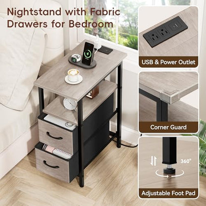 Vagusicc Set of 2 Nightstand with Charging Station and LED Lights, Narrow Side Table, LED Night Stand with 2 Fabric Drawers, Bedside Table Small End Table, Tall Nightstand for Bedroom, Rustic Grey - color: Greige, size: 2, style: With LEDs