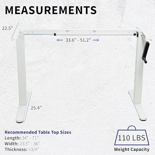 VIVO Compact Hand Crank Stand Up Desk Frame, White, DESK-M051MW | For 37 to 77 inch Table Tops, Height Adjustable, Ergonomic Standing Desk Legs, Foldable Handle - color: White