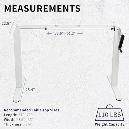 VIVO Compact Hand Crank Stand Up Desk Frame, White, DESK-M051MW | For 37 to 77 inch Table Tops, Height Adjustable, Ergonomic Standing Desk Legs, Foldable Handle - color: White