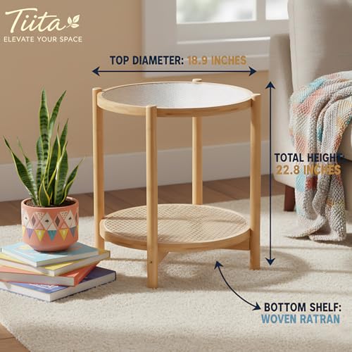 Tiita Rattan Nightstand Side Table, Bamboo Accent Bedside Tables, Glass Coffee Tables, Boho Wooden End Table with Storage for Small Space, Living Room and Bedroom - color: Coffee Table-glass
