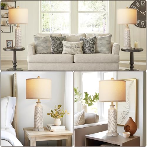 QiMH 26" Lamps for Bedroom with USB A+C Ports, Farmhouse Bedside Lamps Set of 2, Touch Control 3-Way Dimmable, Modern Off-White Resin Table Lamps for Living Room Foyer, Included 2700K LED Bulbs - color: Beige white
