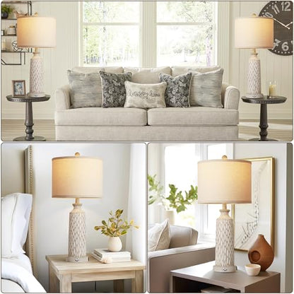 QiMH 26" Lamps for Bedroom with USB A+C Ports, Farmhouse Bedside Lamps Set of 2, Touch Control 3-Way Dimmable, Modern Off-White Resin Table Lamps for Living Room Foyer, Included 2700K LED Bulbs - color: Beige white