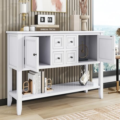 P PURLOVE Console Table Buffet Sideboard Sofa Table with Drawers Cabinets and Bottom Shelf (White) - color: White