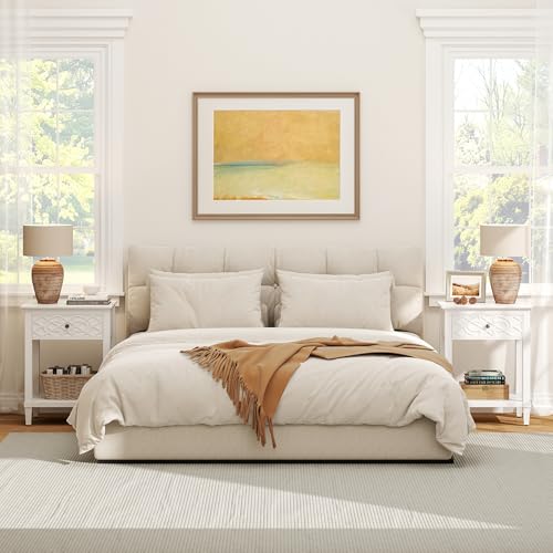 26" Night Stand with Drawers, Painted Bedside Table, Solid Wood Nightstand | Pine Leg and Solid Wood Frame Nightstand, Side Table End Table for Bedroom, Carved Pattern, Pure White - color: Pure White