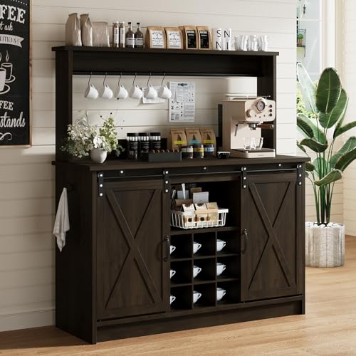 4ever2buy Farmhouse Coffee Bar Cabinet with Hutch and 6 Hooks, 47 Inch Wine Cabinet with Storage, Kitchen Buffet Cabinet with Adjustable Shelves &9 Wine Racks for Living Dining Room, Dark Oak - color: Dark Oak, size: 47Inch