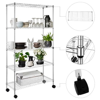 5-Tier Shelf, Adjustable Wire Metal Rack Shelving, Heavy Duty Standing Storage Shelves, Garage, Kitchen, Office, Bathroom, Shelfs Easy Assembly, 35" W x 14" D x 65" H Wheels, Chrome - color: Chrome, size: 5-tier 35.43"W x 13.78"D x 65"H Wheels