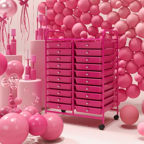 DREAMADE Rolling Cart with Storage Drawers, Utility Cart w/Removable Plastic Drawers, Lockable Wheels, Art Cart for Classroom Organization Art Supplies Office Scrapbook (20 Drawers, Hot Pink) - color: Hot Pink, style: 20 Drawers