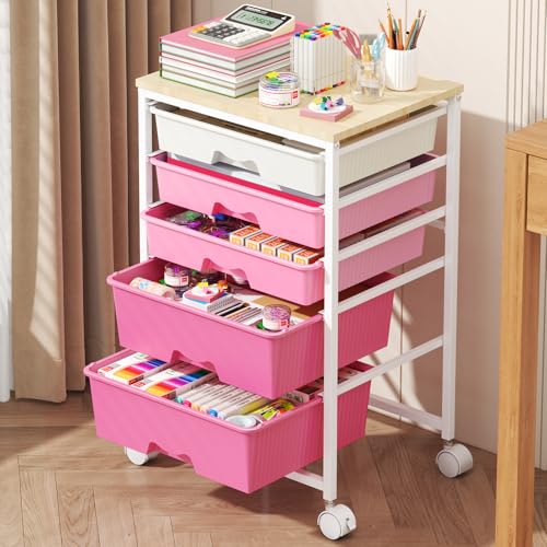 Goovilla Rolling Cart with Drawers, Utility Cart Organizer with 5 Removable Drawers and Wooden Tabletop, Lockable Rolling Storage Organizer for Art, Classroom, Home, Dorm, Office, Craft Storage, Pink - size: Pink