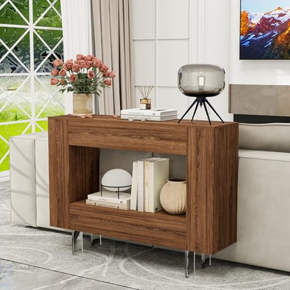 Console Table with Hidden Storage & Adjustable Shelves, Brown Wood Grain | Farmhouse sofa table for behind couch, living room, or hallway, entryway table with concealed cabinets & adjustable shelves - color: S-brown