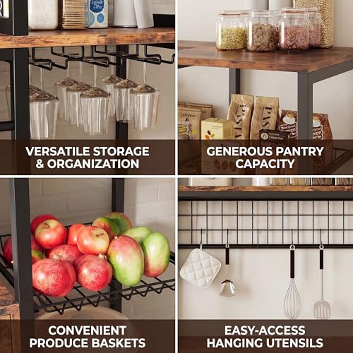 IRONCK Bakers Rack with Power Outlet, 45.5" W Kitchen Racks and Shelves | Chic Rustic Wood & Iron Frame. Ultimate Space Saver for Small Apartment Kitchens, Dining Beverage Bars, and Coffee Corners