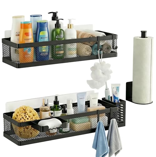 PUSDON 5-in-1 16.5" Extra Long Slim Wall Mount Wrapped Mesh Kitchen Organizer & Shower Caddy Kit, with Paper Towel Holder, Utensil Holder, Soap Dish, Holds 50LBS - Matte Black, Netting - color: Matte Black, size: 5-in-1 Full Mesh (16.5" Extra Long)